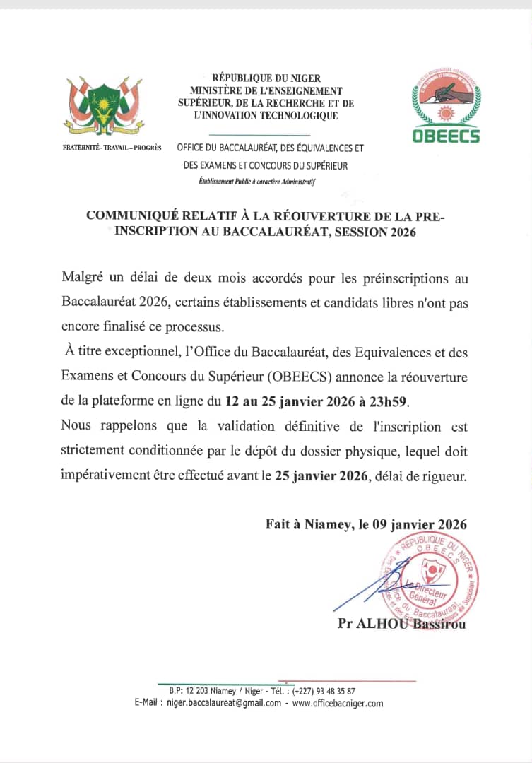 Réouverture de la plateforme de préinscription au Baccalauréat session 2026 du 12 au 25 janvier 2026 à 23h 59